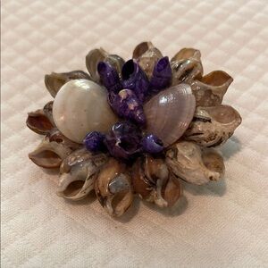 Handmade Shell Pin Brooch Vintage Round Brown and Purple